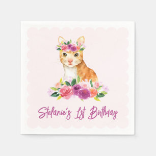 Serviette En Papier Chat orange mignon et fleurs pourpres Anniversaire