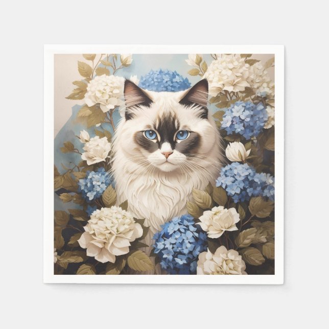 Serviette En Papier Chat Ragdoll Avec Fleurs Bleues D'Hydrangée (Devant)