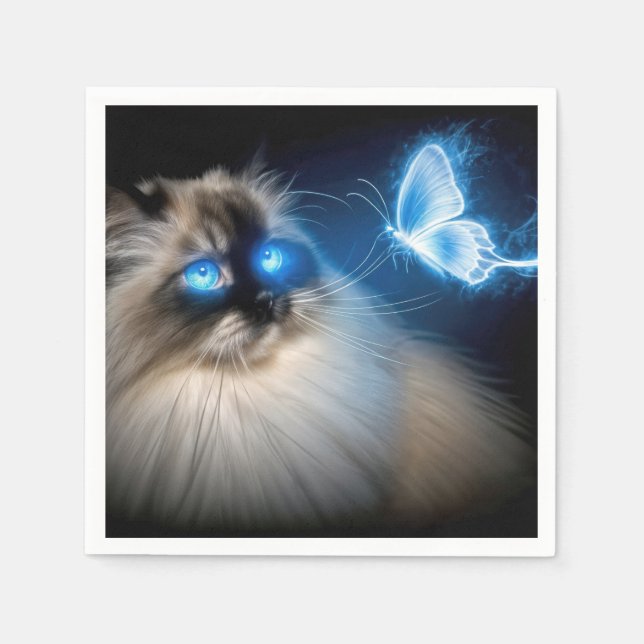 Serviette En Papier Chat Ragdoll Avec Papillon Néon Bleu (Devant)