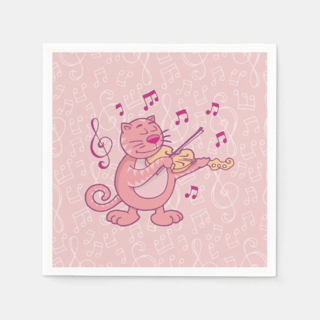 Serviette En Papier Chat rose avec Violon (Devant)