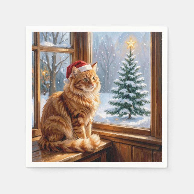 Serviette En Papier Chat roux de Noël (Devant)
