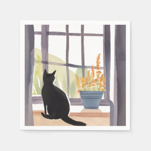 Serviette En Papier Chat sur Appui de Fenêtre   Silhouette Aquarelle