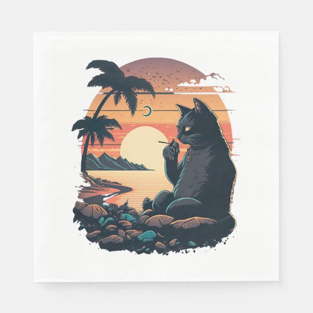 Serviette En Papier Chat sur la plage avec la cigarette (Devant)