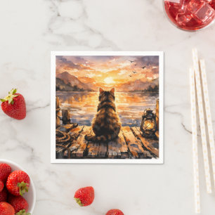 Serviette En Papier Chat sur le quai au coucher du soleil
