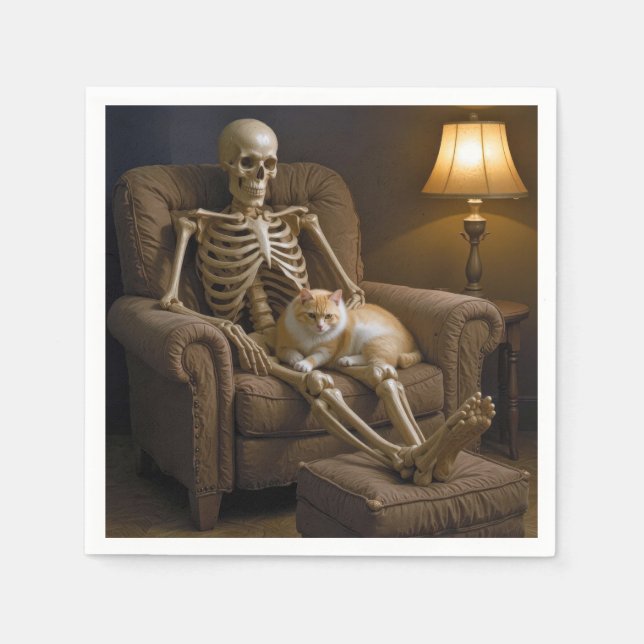 Serviette En Papier Chat sur un squelette d'Halloween (Devant)
