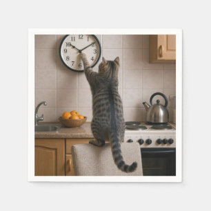 Serviette En Papier Chat tigré changeant l'heure sur une horloge