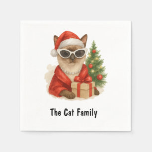 Serviette En Papier Chat vêtu blanc Lunettes de soleil Père Noël