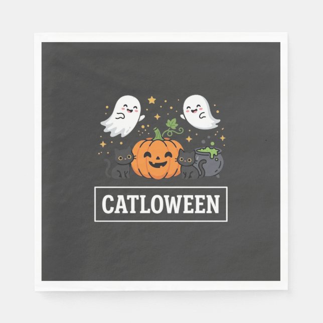 Serviette En Papier Chatloween Mignon Chat Fantôme Design Halloween_1 (Devant)