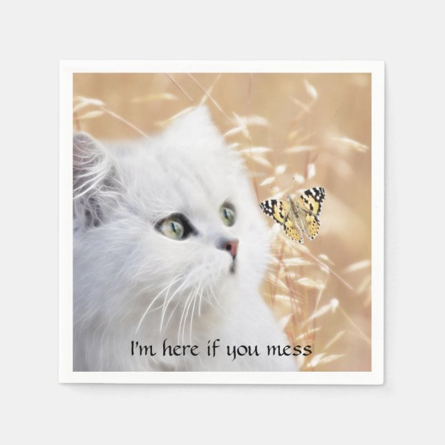 Serviette En Papier Chaton blanc et papillon (Devant)