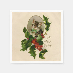 Serviette En Papier Chaton de Noël victorien au houx antique tabby