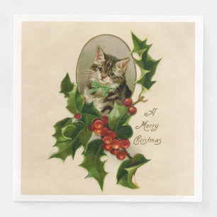 Serviette En Papier Chaton de Noël victorien au houx antique tabby