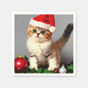 Serviette En Papier Chaton de Noël vintage avec chapeau de Père Noël