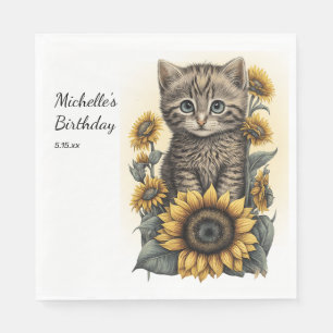 Serviette En Papier Chaton gris tabby anniversaire tournesols
