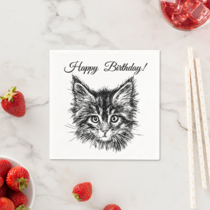 Serviette En Papier Chaton noir et blanc visage Joyeux anniversaire