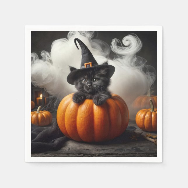 Serviette En Papier Chaton noir Halloween dans une citrouille (Devant)