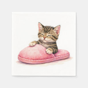 Serviette En Papier Chaton tigré dormant dans une pantoufle rose