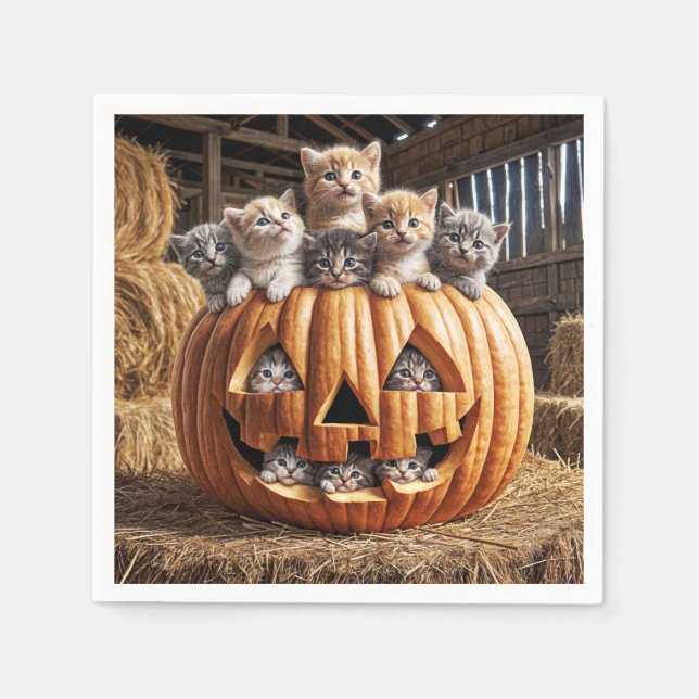 Serviette En Papier Chatons Dans Citrouille d'Halloween (Devant)