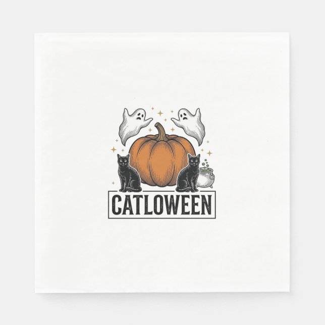 Serviette En Papier Chatoween Chat Noir Fantôme Halloween Conception V (Devant)