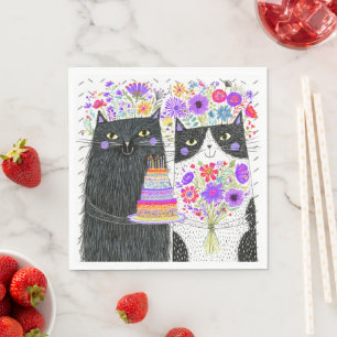 Serviette En Papier Chats de bouquet floral d'anniversaire fantaisiste