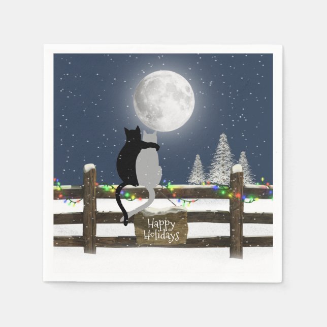 Serviette En Papier Chats de Noël à la clôture avec lune (Devant)
