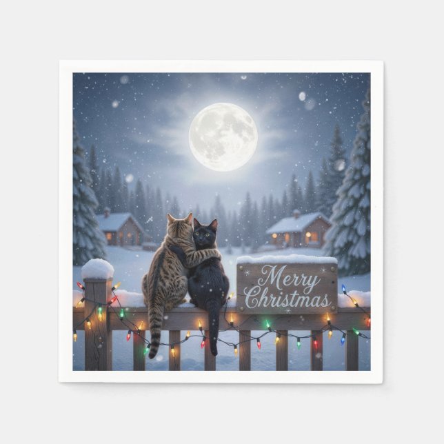 Serviette En Papier Chats de Noël s'étreignant sur une clôture enneigé (Devant)