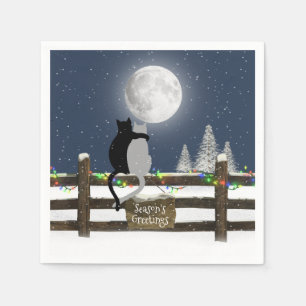 Serviette En Papier Chats de Noël sur une clôture avec la Lune