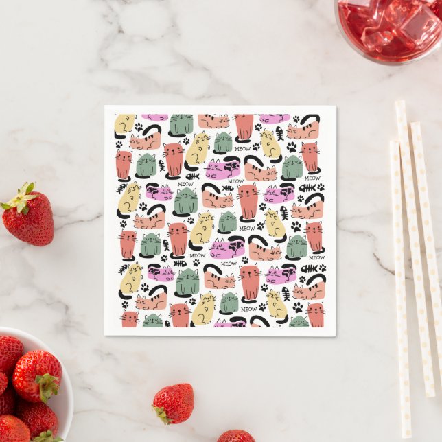 Serviette En Papier Chats doodles mignons et empreintes de pattes (En situation)