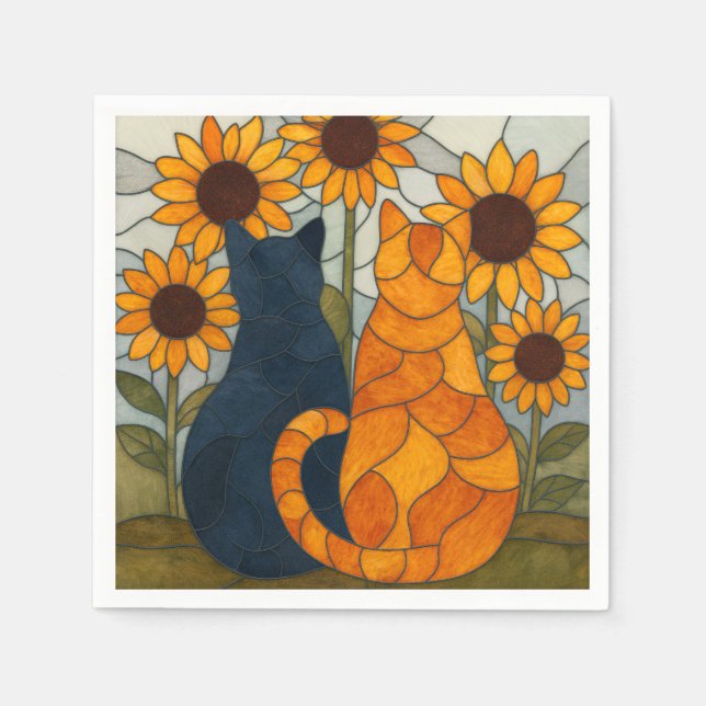 Serviette En Papier Chats en vitrail et conception d'art de tournesols (Devant)