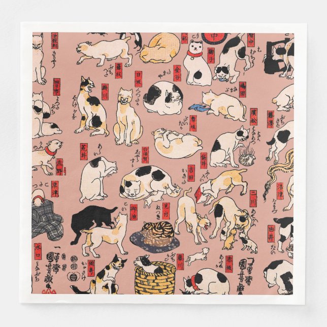 Serviette En Papier chats japonais Ukiyo-e Funny kitty (Devant)