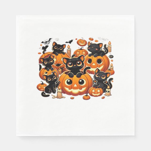 Serviette En Papier Chats noirs mignons en Citrouille Halloween Night  (Devant)