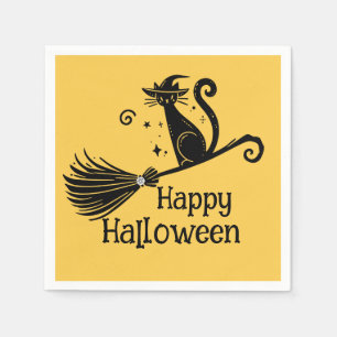 Serviette En Papier Chatte sorcière noire sur balai d'Halloween