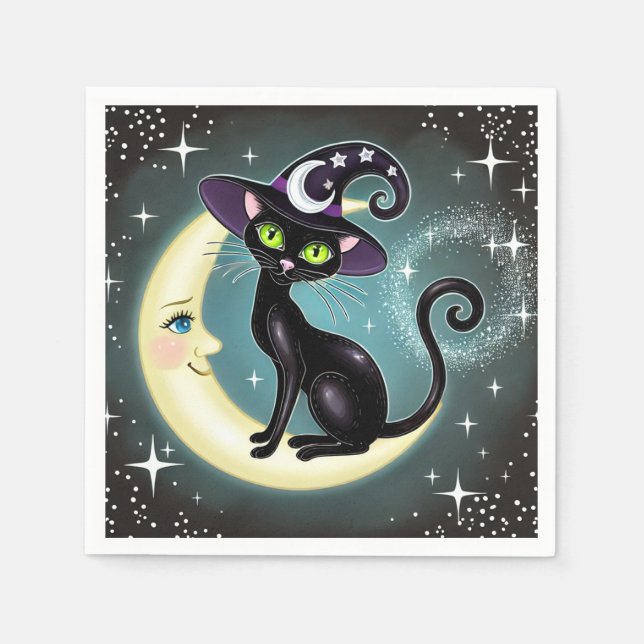 Serviette En Papier Chatte sorcière sur croissant de lune Halloween Wi (Devant)