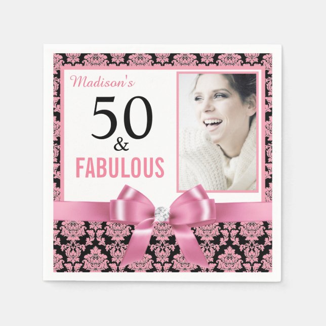 Serviette En Papier Chaud rose blanc noir damask 50e Anniversaire (Devant)
