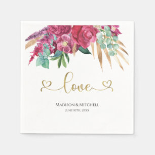 Serviette En Papier Chaud rose Magenta Floral Élégant Gold Script Coeu