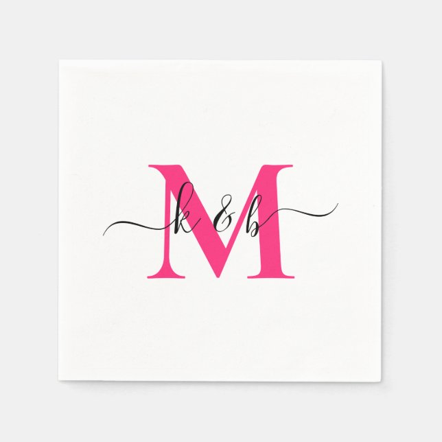 Serviette En Papier Chaud rose Monogramme Swash Script Blanc Cocktail (Devant)