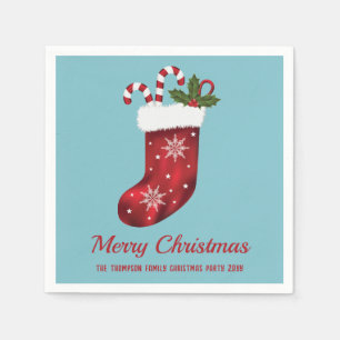 Serviette En Papier Chaussette de Noël rouge sur fond bleu avec texte