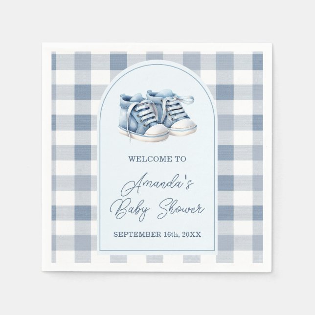 Serviette En Papier Chaussons Bébé Bleu Gingham Garçon Chaussures Bébé (Devant)