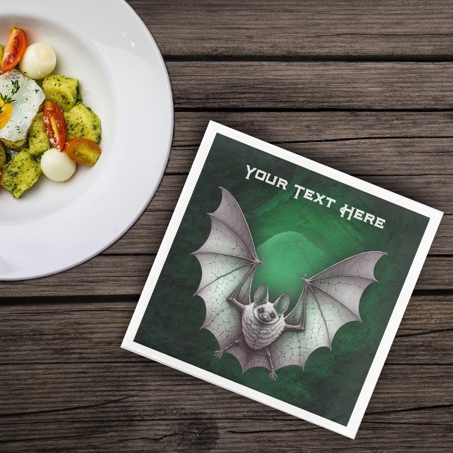 Serviette En Papier Chauve-souris gris Éffrayant vert vif grottes arbr (Flying grey bat out of spooky green glowing bat with trees on Halloween Paper party napkins.)