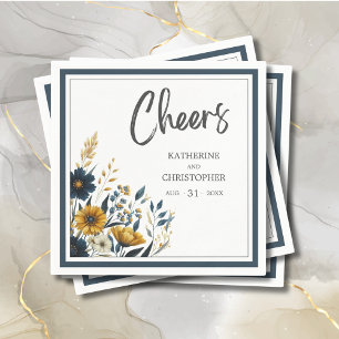 Serviette En Papier Cheers Blue Jaune Floral Élégant Mariage