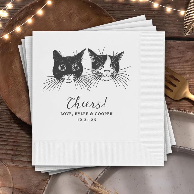Serviette En Papier Cheers Custom Cat Drawn Cocktail Napkins Wedding (Créateur téléchargé)