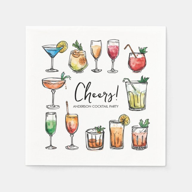 Serviette En Papier Cheers Doodle Drawing Holiday Cocktail Party (Devant)