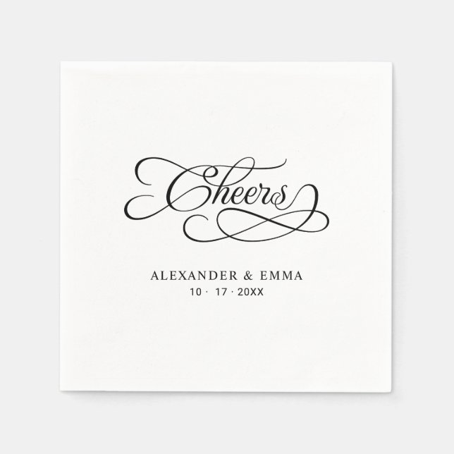 Serviette En Papier Cheers Elegant Wedding Black & White Calligraphy (Devant)
