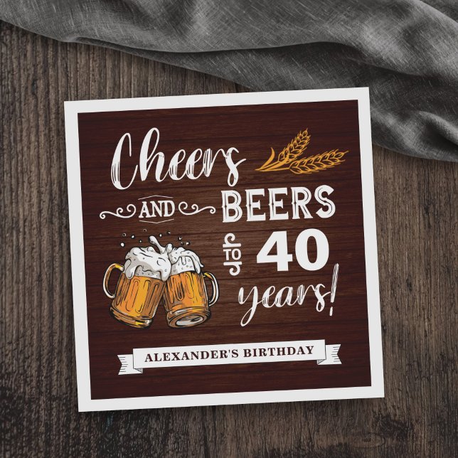 Serviette En Papier Cheers et bières 40e anniversaire Rustique (Créateur téléchargé)