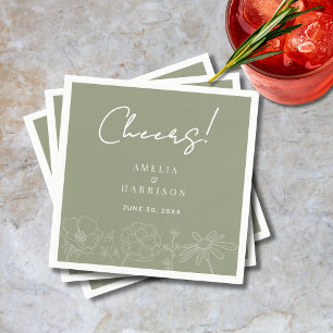 Serviette En Papier Cheers Sage Green Élégant Floral Line Art Mariage