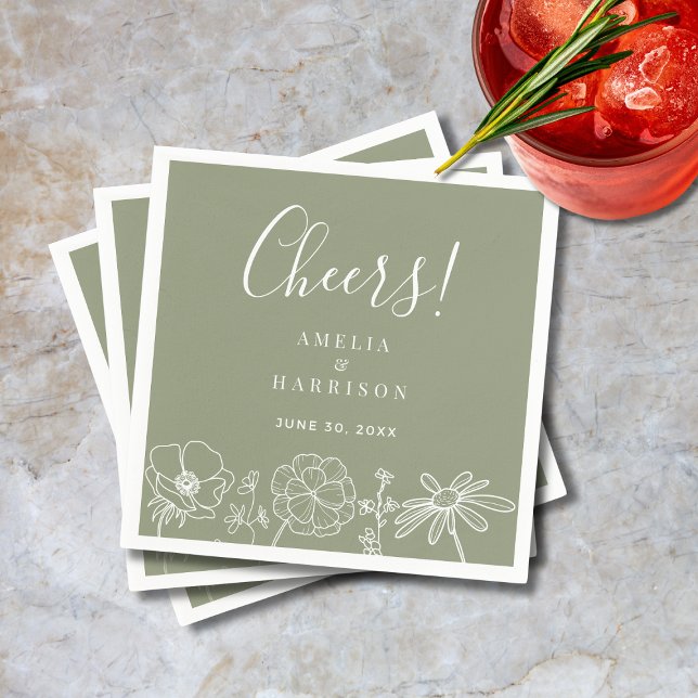 Serviette En Papier Cheers Sage Green Élégant Floral Line Art Mariage (Cheers Sage Green Elegant Floral Line Art Wedding Cocktail Napkin with Couple Names, Wedding Date.)