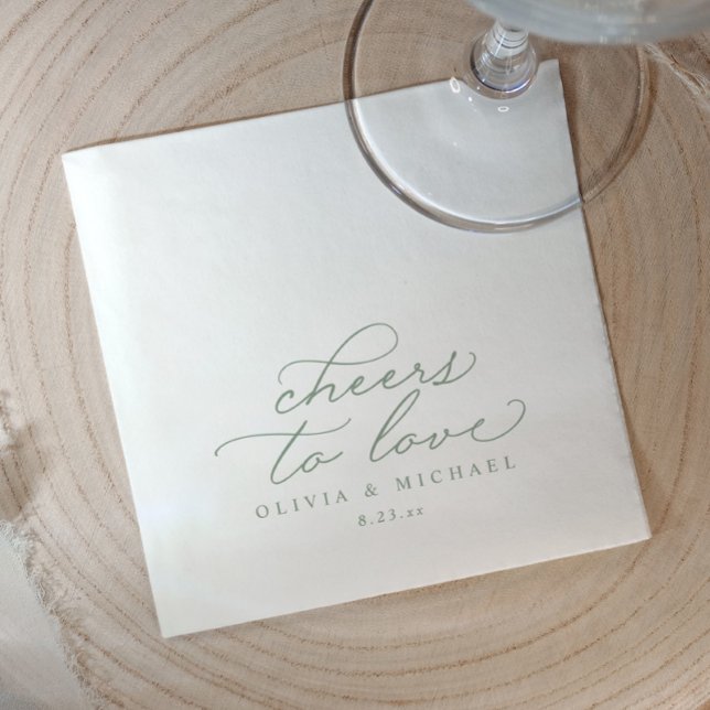 Serviette En Papier Cheers Wedding Napkins Elegant Sage Green (Elegant sage green “cheers to love” wedding napkins with calligraphy script, modern reception décor.)