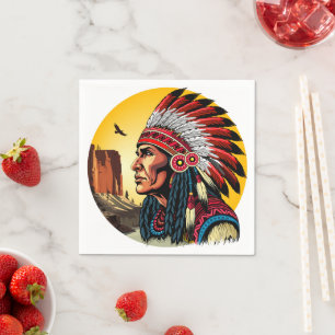 Serviette En Papier Chef amérindien sur paysage sauvage coucher de sol