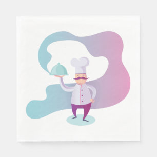 Serviette En Papier Chef souriant avec Moustache et plateau de service
