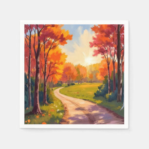 Serviette En Papier Chemin d'Automne   Feuillage Rouge Paysage Naturel