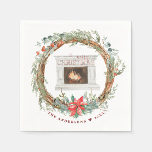 Serviette En Papier Cheminée confortable Wreath hiver Joyeux Noël